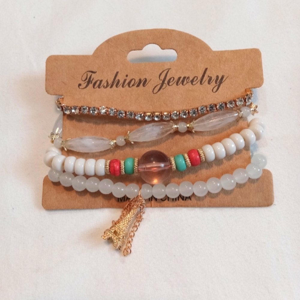 Fashion Jewelry Bracelets 4 Peices Stretch White Multicolor Beads Womens